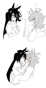 2girls absurdres agnes_tachyon_(umamusume) ahoge animal_ears blush bow bowtie closed_mouth embarrassed flustered gachitamago greyscale hair_between_eyes hand_up highres horse_ears horse_girl long_hair long_hair_between_eyes long_sleeves manhattan_cafe_(umamusume) monochrome motion_lines multicolored_hair multiple_girls puffy_short_sleeves puffy_sleeves school_uniform short_hair short_sleeves simple_background sleeves_past_fingers sleeves_past_wrists smug sweatdrop tracen_school_uniform umamusume very_long_hair white_background