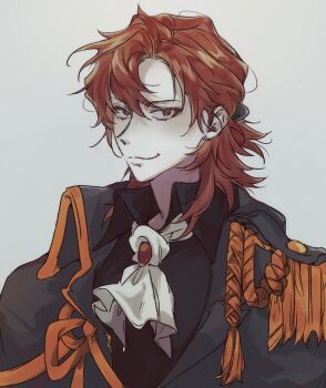 Rule 34 | 1boy, :3, aiguillette, ascot, black jacket, black shirt, bow, bowtie, brown eyes, cale henituse, closed mouth, collared jacket, collared shirt, commentary request, epaulettes, gem, grey background, grey eyes, hair bow, highres, jacket, korean commentary, looking at viewer, lout of count's family, male focus, medium hair, orange hair, shirt, simple background, smile, smirk, solo, thx362, upper body, white ascot