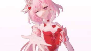 1girl ;) bare_shoulders breasts commentary_request diamond-shaped_pupils diamond_(shape) dress earrings elf elysia_(hi_love_elf)_(honkai_impact) elysia_(honkai_impact) heart heart_earrings highres honkai_(series) honkai_impact_3rd jewelry large_breasts long_hair looking_at_viewer multicolored_hair one_eye_closed pink_hair pointy_ears purple_eyes reaching red_dress simple_background smile solo symbol-shaped_pupils two-tone_hair upper_body very_long_hair white_background white_hair zk0u2