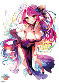 1girl :p angel angel_wings animal_ears bare_shoulders bird_ears bracelet breasts cleavage commentary_request cross dress elbow_gloves feathered_wings flower full_body gloves gradient_eyes gradient_hair gradient_wings hair_flower hair_ornament halo jewelry jibril_(no_game_no_life) kamiya_yuu large_breasts long_hair looking_at_viewer low_wings magic_circle multicolored_eyes multicolored_hair multicolored_wings naughty_face navel necklace no_game_no_life official_art orange_eyes pink_hair purple_dress purple_gloves purple_shoes shoes single_elbow_glove solo spiked_halo tattoo tongue tongue_out very_long_hair wing_ears wings yellow_eyes