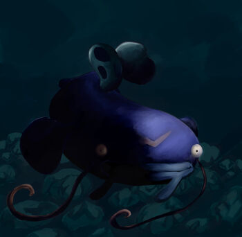 absurdres body_markings catfish commentary_request constricted_pupils dark fins fish fish_tail full_body gen_3_pokemon highres karura_(to-the-4483) lips looking_at_viewer nintendo no_humans pokemon pokemon_(creature) pokemon_focus shadow solo swimming tail underwater whiscash whiskers