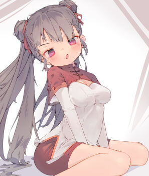 Rule 34 | 1girl, :o, black hair, blush, breasts, china dress, chinese clothes, cleavage, cleavage cutout, clothing cutout, commentary, dated commentary, double bun, dress, foot out of frame, hair bun, highres, layered sleeves, long hair, long sleeves, medium breasts, nep (nep 76), open mouth, original, red dress, red eyes, short over long sleeves, short sleeves, sitting, solo, two-tone dress, wariza, white background, white dress