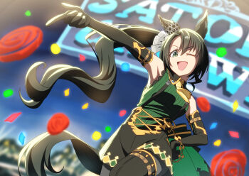 1girl absurdres animal_ears ascot baasaku_(balasaku24) black_boots black_gloves black_hair black_pantyhose black_shorts black_suspenders boots breasts confetti crown_ornament ear_ornament ear_through_crown elbow_gloves gloves green_eyes green_sweater hair_between_eyes highres horse_ears horse_girl horse_tail long_hair medium_breasts multicolored_hair necktie one_eye_closed open_mouth pantyhose ribbed_sweater satono_crown_(emerald_journey)_(umamusume) satono_crown_(umamusume) shorts side_ponytail sleeveless sleeveless_sweater smile solo streaked_hair suspender_shorts suspenders sweater tail thigh_boots umamusume white_hair yellow_ascot yellow_necktie