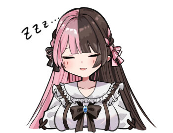 1girl absurdres blue_gemstone blush bow breasts brown_bow brown_hair brown_ribbon closed_eyes collarbone frilled_shirt frills gem hair_ribbon hashtag-only_commentary highres large_breasts long_hair long_sleeves mitche multicolored_hair open_mouth pink_hair pink_ribbon ribbon shirt simple_background sleeping solo split-color_hair tachibana_hinano tachibana_hinano_(1st_costume) two-tone_hair virtual_youtuber vspo! white_background white_shirt zzz