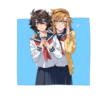 2girls bespectacled black_hair black_hairband blonde_hair blue_eyes blush chinese_commentary commentary glasses hairband hands_up highres jacket jiguang_haibao koishikawa_iko long_hair long_sleeves momijiyama_teru multiple_girls neckerchief no_eyewear open_clothes open_jacket pleated_skirt red_neckerchief sailor_collar school_uniform serafuku shirt short_hair shy_(series) skirt smile teeth white_background white_shirt