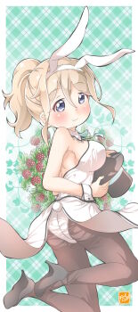 1girl animal_ears aoyama_blue_mountain black_shoes blonde_hair blush commentary_request gochuumon_wa_usagi_desu_ka? hat high_heels highres holding holding_unworn_clothes holding_unworn_hat leotard pantyhose playboy_bunny ponytail rabbit_ears rabbit_tail shoes solo tail takecho top_hat unworn_hat unworn_headwear white_leotard wrist_cuffs
