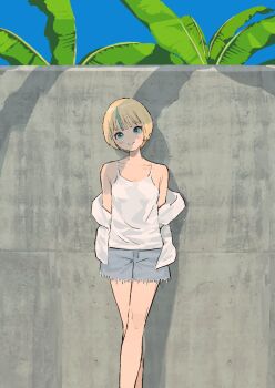 1girl absurdres aqua_eyes aqua_hair arms_behind_back bare_shoulders blonde_hair blue_shorts blue_sky blush clear_sky closed_mouth collarbone concrete_wall cowboy_shot crossed_legs day eyelashes highres mashiro_ka mixed-language_commentary multicolored_hair off_shoulder original outdoors palm_leaf shishijima_rikumo_(mashiro_ka) short_hair shorts sky smile solo streaked_hair tank_top two-tone_hair white_tank_top