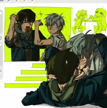 Rule 34 | 2boys, alien stage, arcorclynn, art program in frame, black hair, black jacket, closed eyes, collared shirt, commentary, earrings, english commentary, flexing, green hoodie, grey hair, highres, hood, hoodie, ivan (alien stage), jacket, jacket over hoodie, jewelry, kiss, male focus, multiple boys, official alternate costume, open mouth, shirt, sweatdrop, till (alien stage), white shirt, yaoi