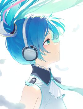 Rule 34 | 1girl, absurdres, aqua eyes, aqua necktie, blue hair, closed mouth, collared shirt, falling feathers, feathers, floating hair, from side, hatsune miku, headphones, highres, long hair, monmo mu, necktie, profile, shirt, sleeveless, sleeveless shirt, smile, solo, twintails, upper body, vocaloid, white background, white shirt