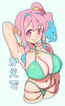 >:) 1girl absurdres arm_behind_head armpits belly bikini blue_hair blue_outline blush breasts bright_pupils character_name closed_mouth colored_inner_hair cowboy_shot criss-cross_halter cropped_legs curvy earrings fingernails flower gloss_(hotglossed) green_background green_bikini gyaru hair_flower hair_intakes hair_ornament halterneck hand_on_own_hip highres hoop_earrings hozuki_kaede huge_breasts jewelry long_fingernails long_hair looking_at_viewer multicolored_hair nail_polish navel necklace onii-chan_wa_oshimai! outline pink_eyes pink_hair pink_nails shiny_skin side_ponytail sidelocks simple_background smile solo swimsuit thong thong_bikini translated v-shaped_eyebrows wavy_hair wide_hips