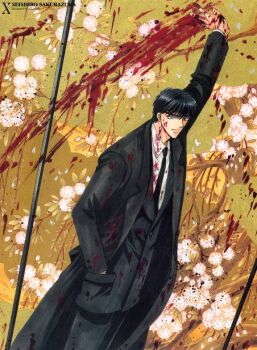 1boy black_eyes black_hair blood clamp coat formal_clothes male_focus necktie one-eyed overcoat sakurazukamori_seishirou short_hair solo suit x_(manga)
