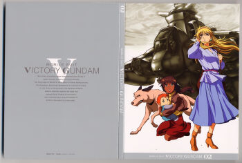 1990s_(style) 1boy 2girls absurdres aircraft alternate_form artist_collaboration baby bag beam_shield black_eyes blonde_hair brown_hair canopy_(aircraft) carrying cockpit collar dark_skin dog dress energy_ring english_text flying gundam helicopter highres ishigaki_jun'ya karlmann_dukartuse katejina_loos kneeling long_hair machinery mecha mobile_suit multiple_girls official_art orange_hair ousaka_hiroshi pet retro_artstyle robot scan science_fiction shakti_kareen shoulder_bag skirt traditional_media victory_gundam zanscare zolo
