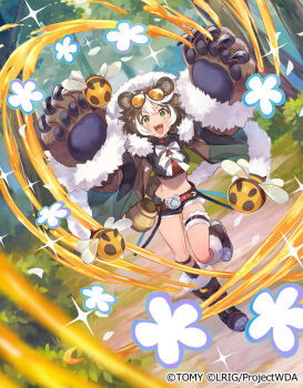 1girl animal_ears bear_ears bear_girl bear_paws black_shorts black_tube_top boots brown_boots brown_hair copyright_notice fangs green_eyes grizzly_(wixoss) highres multicolored_hair official_art outdoors short_shorts shorts smile solo strapless streaked_hair teeth thigh_strap tube_top upper_teeth_only white_hair wixoss yuko_(uc_yuk)