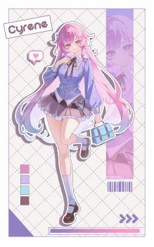 1girl absurdres alternate_costume bag blue_shirt bow brown_shoes casual character_name closed_mouth commentary cyrene_(honkai:_star_rail) cyrene_(ripples_of_past_reverie)_(honkai:_star_rail) full_body hair_bow handbag highres holding holding_bag honkai:_star_rail honkai_(series) kneehighs long_hair long_sleeves looking_at_viewer pink_hair pointy_ears shirt shoes skirt smile socks solo standing standing_on_one_leg symbol-only_commentary very_long_hair white_socks zante_(0xx0xzt)