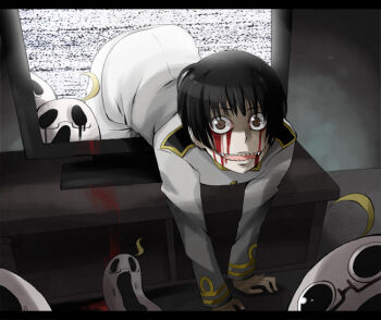 1boy ahoge axis_powers_hetalia bad_id bad_pixiv_id black_hair blood blood_on_face bloody_tears blunt_bangs brown_eyes buttons creepy glasses horror_(theme) japan_(hetalia) looking_at_viewer male_focus military military_uniform open_mouth parody screaming sharp_teeth short_hair solo static suikka teeth television the_ring through_medium through_screen