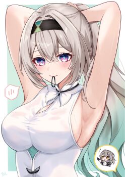 2girls aqua_background aqua_pupils armpits arms_behind_head arms_up black_headband blush border breasts chibi chibi_inset closed_mouth commentary_request firefly_(honkai:_star_rail) gradient_hair grey_hair hair_between_eyes hair_tie hair_tie_in_mouth headband highres honkai:_star_rail honkai_(series) large_breasts looking_at_viewer mouth_hold multicolored_eyes multicolored_hair multiple_girls outside_border pink_eyes purple_eyes shirt sideboob sleeveless sleeveless_shirt smile solo_focus spoken_blush spoken_character stelle_(honkai:_star_rail) sweat tiizumaru98 trailblazer_(honkai:_star_rail) two-tone_eyes tying_hair upper_body white_border white_shirt