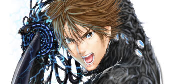 arms_up black_bodysuit bodysuit brown_eyes brown_hair fighting_stance floating_hair gantz gantz_suit gantz_sword hair_between_eyes holding holding_sword holding_weapon kurono_kei latex latex_bodysuit lightning looking_at_viewer motion_blur official_art oku_hiroya open_mouth short_hair simple_background skin_tight solo standing sweat sword teeth upper_body v-shaped_eyebrows veins veiny_arms veiny_neck weapon white_background wind wind_lift