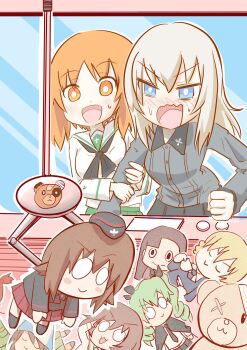 Rule 34 | absurdres, akiyama yukari, anchovy (girls und panzer), blush, brown eyes, commentary request, darjeeling (girls und panzer), emblem, girls und panzer, green skirt, grey hair, highres, itsumi erika, kumanoko (xtakatox), kuromorimine (emblem), kuromorimine military uniform, kuromorimine school uniform, military uniform, multiple girls, nishizumi maho, nishizumi miho, ooarai school uniform, school uniform, skirt, stuffed toy