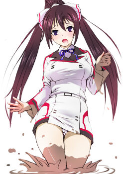 10s 1girl black_hair blue_eyes female_focus gluteal_fold hair_ribbon highres infinite_stratos long_hair mud onsen_tengoku open_mouth panties ponytail ribbon shinonono_houki solo underwear uniform white_panties white_ribbon