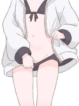 1girl bikini bikini_pull black_bikini clothes_pull highres hood hoodie loli lower_body mahou_shoujo_no_majo_saiban navel pale_skin sakuraba_ema simple_background solo stomach swimsuit tabedesuyo undressing white_background white_hoodie