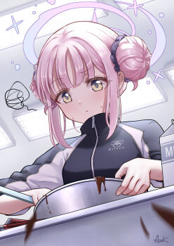 1girl azk2fa blue_archive chocolate_making commentary_request fingernails hair_bun halo highres indoors jacket long_sleeves looking_down low_wings mika_(blue_archive) mika_(track)_(blue_archive) multicolored_eyes official_alternate_costume official_alternate_hairstyle pink_eyes pink_hair pink_halo solo sweat track_jacket trinity_general_school_logo two-tone_eyes wings yellow_eyes