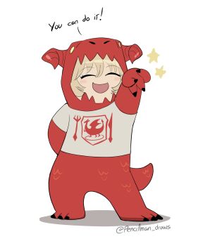 1girl alternate_universe animal_costume arm_behind_back blonde_hair blush_stickers commentary dragon_costume dungeon_meshi english_commentary english_text falin_touden falin_touden_(tallman) gyaru_v highres mascot_costume open_mouth pencilman_draws red_dragon_(dungeon_meshi) shirt smile solo star_(symbol) t-shirt twitter_username v