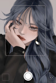 1girl absurdres antera_(emi) artist_name black_shirt black_sleeves blue_hair commentary_request earrings expressionless grey_background grey_eyes highres holding holding_phone jewelry long_hair long_sleeves original phone ring selfie shirt signature simple_background solo solo_focus