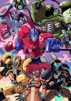 1girl 5boys absurdres autobot blue_eyes bulkhead bumblebee clenched_hands commentary drill english_commentary glowing glowing_eyes hand_on_own_hip highres lextodrawstuff mecha multiple_boys open_hand optimus_prime optimus_prime_(animated) pointing prowl_(transformers) ratchet_(transformers) red_hair robot sari_sumdac short_hair traditional_media transformers transformers_animated twintails v-fin visor