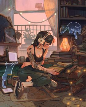 1girl absurdly_detailed_composition arm_tattoo bandaid black_hair black_shoes black_tank_top book book_stack breasts candle cat cleavage commentary english_commentary green_pants headphones highres indoors loaded_interior medium_breasts open_book original pants reading shelf shoes simz sitting sneakers socks solo tank_top tattoo white_socks