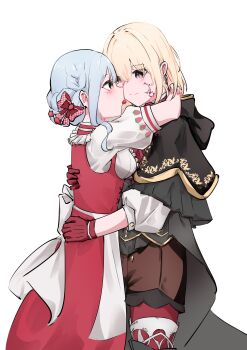 2girls absurdres arms_around_neck aver_(yumenokessho) bang_dream! bang_dream!_it's_mygo!!!!! black_capelet blonde_hair blue_hair bow brown_shorts capelet commentary_request doloris_(bang_dream!) dress gloves hands_on_another's_waist highres medium_hair misumi_uika mouth_hold multiple_girls pantyhose pinafore_dress pink_bow purple_eyes red_dress red_gloves red_pantyhose shirt shorts simple_background sleeveless sleeveless_dress smile sweets_paradise togawa_sakiko white_background white_shirt y_iris30 yellow_eyes yumenokessho yuri