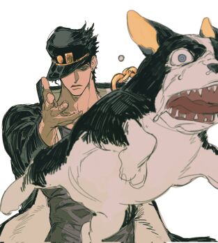 1boy black_hair boston_terrier chain coat dog gakuran grey_shirt hat highres iggy_(jojo) incoming_object jojo_no_kimyou_na_bouken kuujou_joutarou long_coat meme mnnd one_eye_covered open_clothes open_coat school_uniform shirt stardust_crusaders throwing tossing white_background woe_plague_be_upon_ye_(meme)