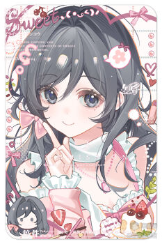 1girl bare_shoulders black_hair blue_eyes border closed_mouth food frilled_sleeves frills fruit hand_up index_finger_raised jewelry long_hair long_sleeves looking_at_viewer mihuashi_username necklace original pink_shirt portrait shirt smile solo strawberry watermark white_background white_border xun_xun_xiaolongbao