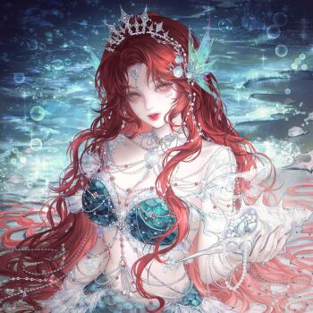 1girl absurdres bubble gloriash hair_ornament highres jewelry long_hair mermaid monster_girl necklace original pearl_gemstone pearl_necklace red_hair seashell shell solo upper_body water yellow_eyes