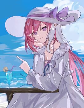 1girl blue_sky breasts chinese_commentary cleavage commentary_request cup diamond-shaped_pupils diamond_(shape) dress elf elysia_(herrscher_of_human:_ego)_(honkai_impact) elysia_(honkai_impact) elysia_(summer_2025)_(honkai_impact) hat highres honkai_(series) honkai_impact_3rd large_breasts ocean official_alternate_costume pink_hair pointy_ears purple_eyes qianzao_a_nong_yi_dongbudong sitting sky smile solo sun_hat sundress symbol-shaped_pupils table tropical_drink white_dress white_hat