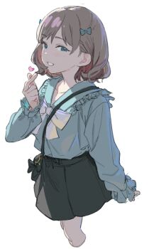 Rule 34 | 1girl, alternate costume, bag, black bag, black skirt, blue eyes, blue shirt, brown hair, cropped legs, finger heart, frilled shirt, frills, grin, heart, highres, jirai kei, long sleeves, love live!, love live! superstar!!, momokumo, multicolored hair, shirt, shoulder bag, simple background, skirt, smile, solo, streaked hair, tang keke, white background