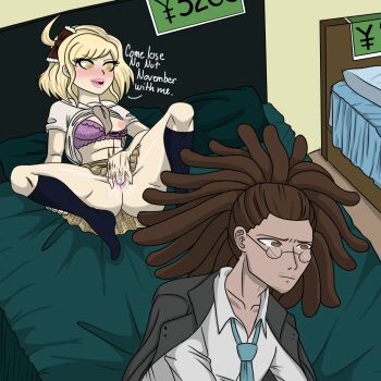 1boy 1girl ass bed bed_sheet black_coat black_jacket blonde_hair blue_legwear blue_neckwear blush bra brown_eyes brown_hair brown_neckwear coat coat_on_shoulders collarbone collared_shirt danganronpa:_trigger_happy_havoc danganronpa_(series) danganronpa_another_episode:_ultra_despair_girls dark_skin dreadlocks english_text facial_hair fingering glasses hagakure_yasuhiro ignoring jacket jacket_on_shoulders kneehighs knees_up long_hair looking_at_another masturbation medium_hair motion_blur motion_lines mustache nakajima_kanon necktie nipples one_breast_out open_mouth pale_skin pink_bra plaid_clothes plaid_skirt pleated_skirt public_indecency pussy pussy_juice red_lips round_eyewear shirt shopping short_sleeves skirt socks speech_bubble spread_legs teasing teeth ultra_despair_hagakure underwear upper_teeth_only white_shirt yellow_eyes yellow_skirt yen_sign
