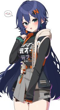 1girl absurdres alternate_hair_length alternate_hairstyle belle_(zenless_zone_zero) black_shirt blue_hair green_eyes hashtag-only_commentary highres looking_at_viewer open_mouth shirt simple_background solo w.k white_background zenless_zone_zero