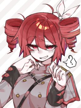 1girl ahoge buttons chest_belt danchoo drill_hair grey_jacket grin hair_between_eyes hair_ribbon highres jacket kasane_teto kasane_teto_(sv) looking_at_viewer official_alternate_costume outside_border red_eyes red_hair ribbon smile solo synthesizer_v twin_drills utau
