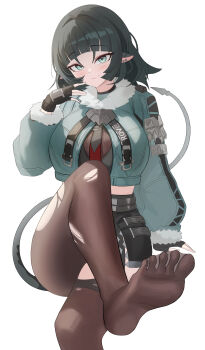 1girl absurdres animal_ears black_gloves black_hair breasts crossed_legs feet fingerless_gloves foot_focus fur-trimmed_jacket fur_trim gloves green_eyes high-waist_shorts highres jacket jane_doe_(zenless_zone_zero) large_breasts looking_at_viewer mouse_ears mouse_girl mouse_tail pantyhose sharp_tail shorts simple_background single_leg_pantyhose sitting smile soles solo syann tail thighhighs toes torn_clothes torn_pantyhose torn_thighhighs very_long_tail white_background zenless_zone_zero