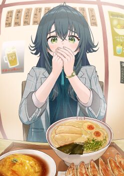 1girl antenna_hair ayuppe coat commentary_request covering_own_mouth dumpling egg fingernails fisheye food gakuen_idolmaster green_eyes green_hair green_shirt grey_coat hair_flaps highres idolmaster indoors jiaozi long_hair looking_at_food menu noodles own_hands_together poster_(object) ramen restaurant shirt solo steam tsukimura_temari very_long_hair watch wooden_tray wristwatch