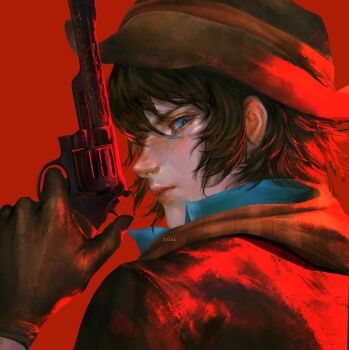 1girl artist_name blue_eyes blue_shirt brown_hair character_name cowboy cowboy_hat deadlock_(game) from_side gun handgun hat highres holding holding_gun holding_weapon holliday_(deadlock) jacket orange_scarf red_background revolver scarf shirt short_hair simple_background solo sulka_art weapon western