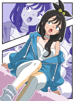 1girl black_hair blue_hoodie breasts choker collarbone commentary_request cube_hair_ornament grey_eyes hair_ornament highres hood hood_down hoodie jacket kanbei_(pixiv11037490) leggings lida_(pokemon) long_hair long_sleeves nintendo open_mouth orange_leggings pokemon pokemon_legends:_z-a ribbed_socks shirt sitting socks sweatdrop topknot two-tone_legwear white_choker white_leggings white_shirt white_socks wispy_bangs zoom_layer