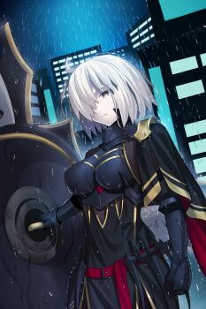 1girl absurdres ahoge alter_servant alternate_costume alternate_eye_color alternate_hair_color armor black_armor black_cape building cape closed_mouth dark_persona expressionless fate/grand_order fate_(series) gold_trim hair_over_one_eye highres holding holding_shield holding_weapon longdq3008 looking_at_viewer mash_kyrielight mash_kyrielight_(demi-servant) night one_eye_covered outdoors pale_skin rain red_cape shield short_hair solo takeuchi_takashi_(style) two-tone_cape weapon yellow_eyes