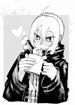 :o absurdres ahoge artoria_pendragon_(fate) ben-day_dots blush cup eyes_visible_through_hair fate/grand_order fate_(series) greyscale halftone heart highres holding holding_cup jacket kamisato_sora monochrome mug mysterious_heroine_x_alter_(fate) mysterious_heroine_x_alter_(first_ascension)_(fate) parted_lips plaid_clothes plaid_scarf scarf screentones upper_body