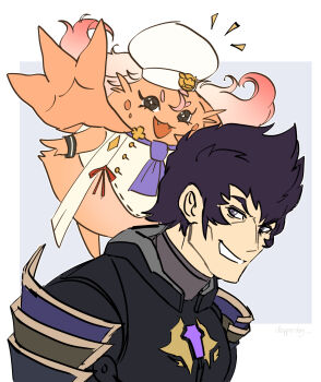 1boy 1girl apron armor ascot black_hair chef_hat chest_jewel commentary core_crystal_(xenoblade) dapperdog english_commentary grey_eyes hat highres japanese_armor looking_at_viewer malos_(xenoblade) manana_(xenoblade) nopon pose_imitation pragmata purple_ascot short_hair shoulder_armor smile sode sparkling_eyes spiked_hair voice_actor_connection white_apron xenoblade_chronicles_(series) xenoblade_chronicles_2 xenoblade_chronicles_3
