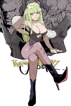 Rule 34 | 1girl, bare shoulders, biting own lip, black footwear, black leotard, black wings, boots, breasts, bridal gauntlets, character request, cleavage, clothing cutout, copyright name, crossed legs, cutout above navel, darkstalkers, demitri maximoff, demon girl, demon wings, full body, green eyes, head wings, heart cutout, high heel boots, high heels, highres, invisible chair, jinbei, large breasts, leotard, lilith (darkstalkers), long hair, morrigan aensland, pantyhose, print pantyhose, purple pantyhose, q-bee, sitting, solo focus, white background, wings