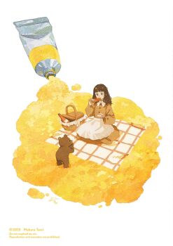 Rule 34 | 1girl, apron, autumn, brown dress, brown hair, commentary request, dress, eating, food, highres, holding, holding food, long hair, long sleeves, original, paint, paint tube, picnic, picnic basket, picnic blanket, sitting, stuffed animal, stuffed toy, tami yagi, teddy bear, waist apron, white apron