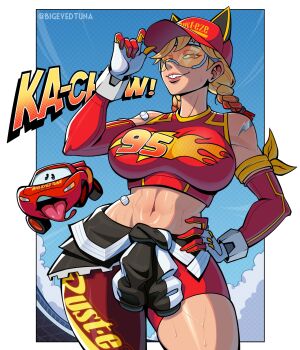 1girl abs adapted_costume animal_ear_headwear animal_ears bandaid baseball_cap bigeyedtuna blonde_hair blue_hair braid breasts car cars_(movie) clothes_around_waist commentary crop_top detached_sleeves english_commentary fake_animal_ears gloves gradient_hair hand_on_own_hip hat highres large_breasts lightning_mcqueen lips looking_at_viewer marvel marvel_rivals mechanical_ears midriff motor_vehicle multicolored_hair navel one_eye_closed orange-tinted_eyewear red_hair red_hat red_shirt red_tank_top shirt smile solo squirrel_ears squirrel_girl_(marvel) squirrel_girl_(turbo_tailwind)_(marvel) sweat tank_top teeth thunder_mcqueen tinted_eyewear tongue tongue_out twin_braids white_gloves