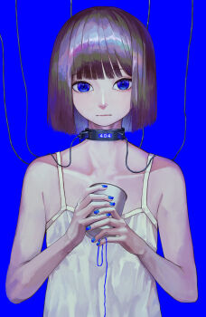 1girl absurdres blue_background blue_eyes blue_nails blunt_bangs bob_cut brown_hair camisole closed_mouth collar collarbone commentary_request cup dedemaru expressionless flat_chest highres holding holding_cup lips looking_at_viewer nail_polish original short_hair simple_background solo straight-on string_phone usb usb_cable usb_port_(object) white_camisole