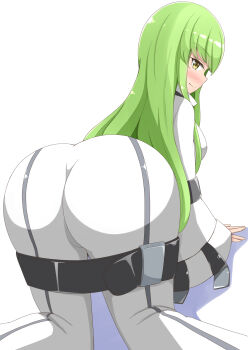 1girl aikawa_ryou all_fours ass ass_focus blush breasts c.c. code_geass from_behind green_hair highres huge_ass long_hair looking_at_viewer looking_back medium_breasts sideboob skin_tight solo straitjacket very_long_hair